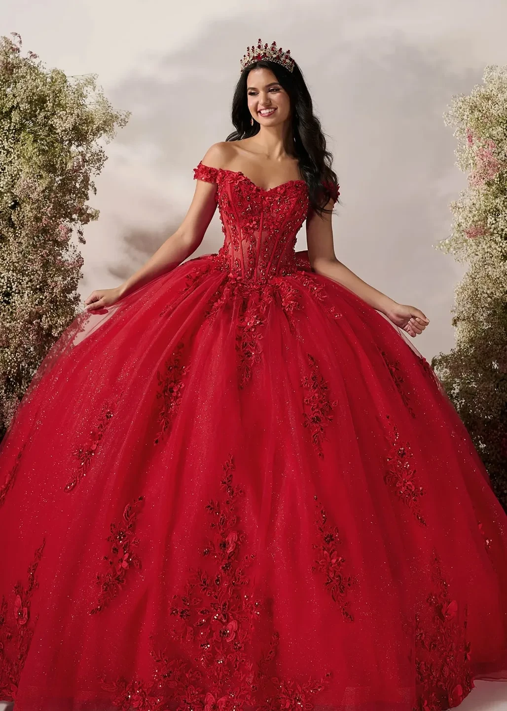 Model wearing a red dress