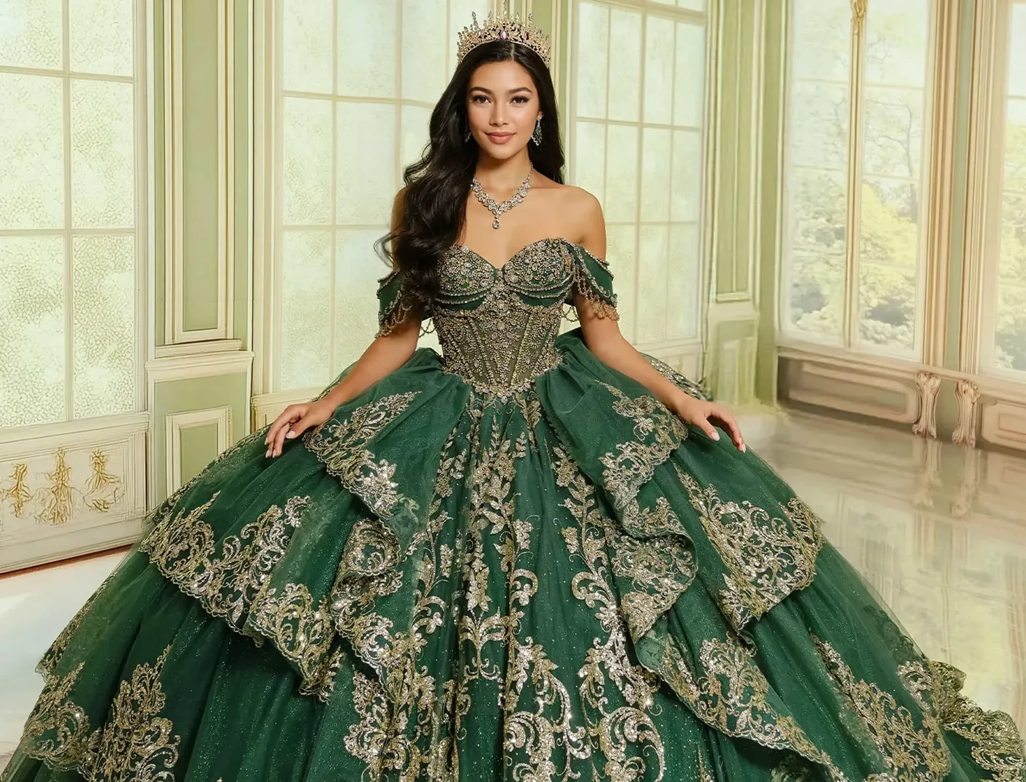 Model wearing a gown by Ariana Vara