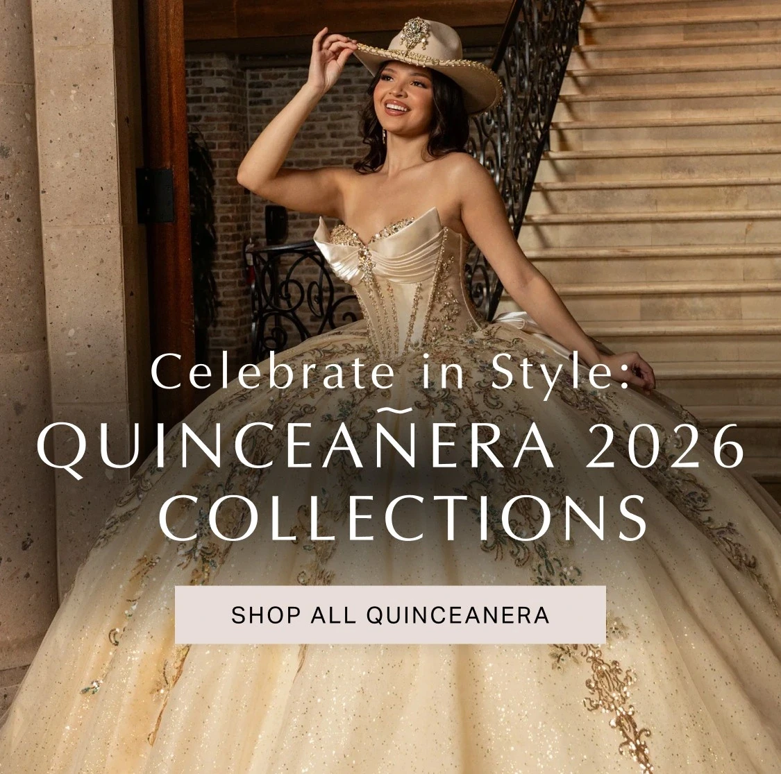 Model wearing a green prom dress. Mobile image