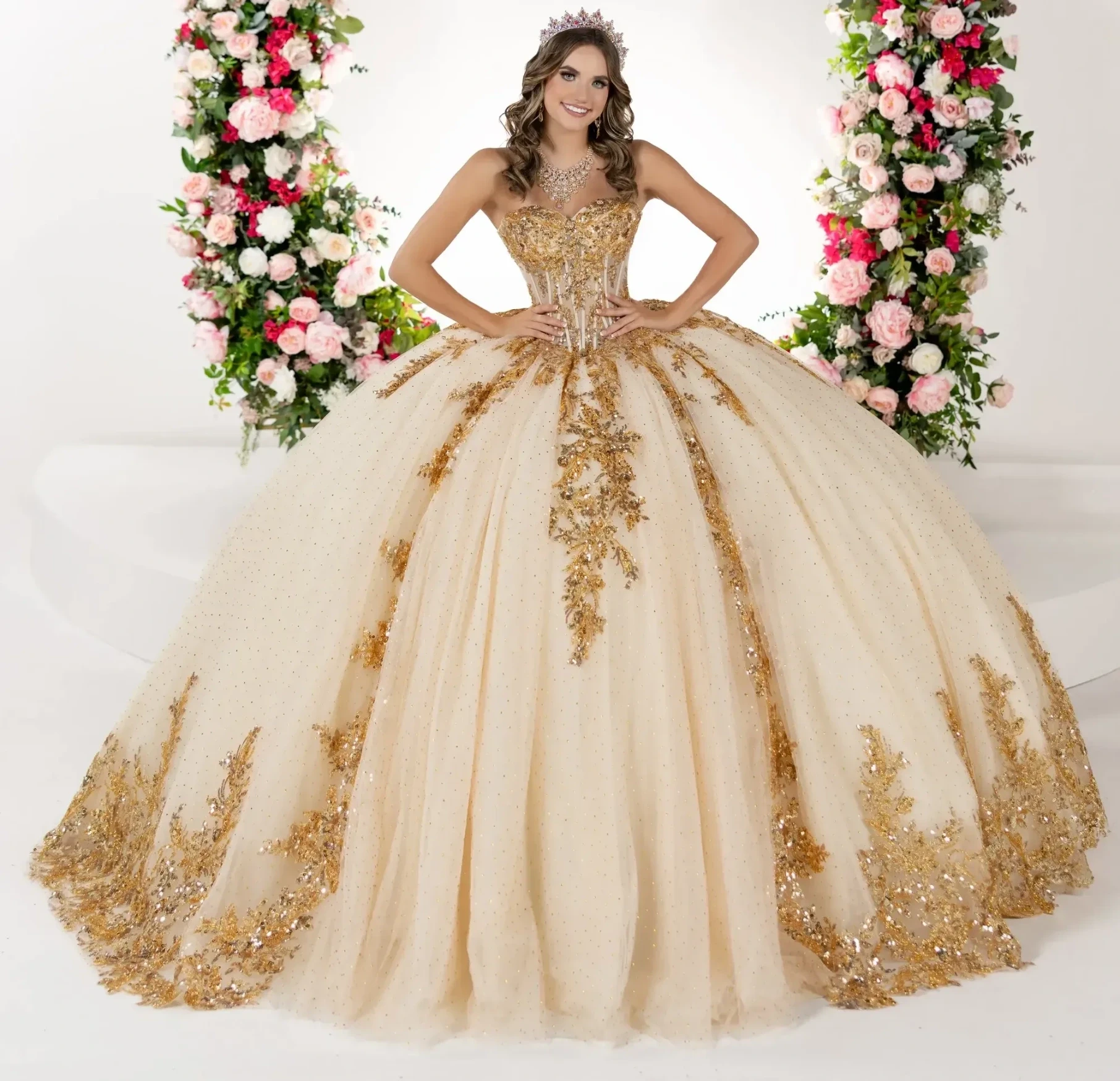 Model wearing a gown by House of Wu