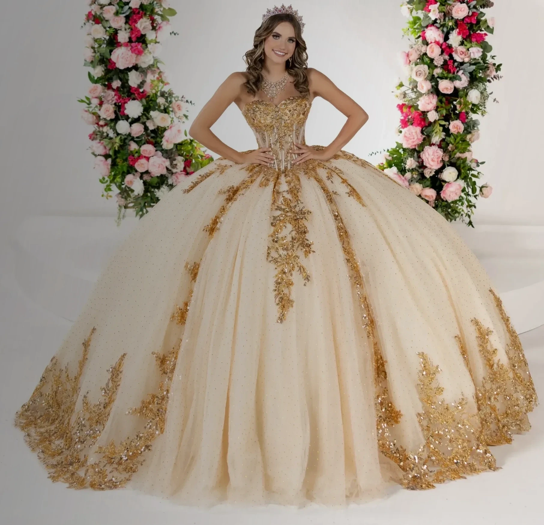 Model wearing a gown by House of Wu