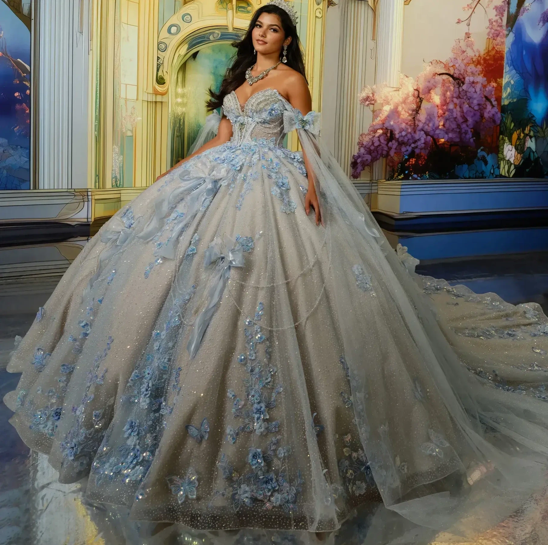 Model wearing a gown by Ariana Vara