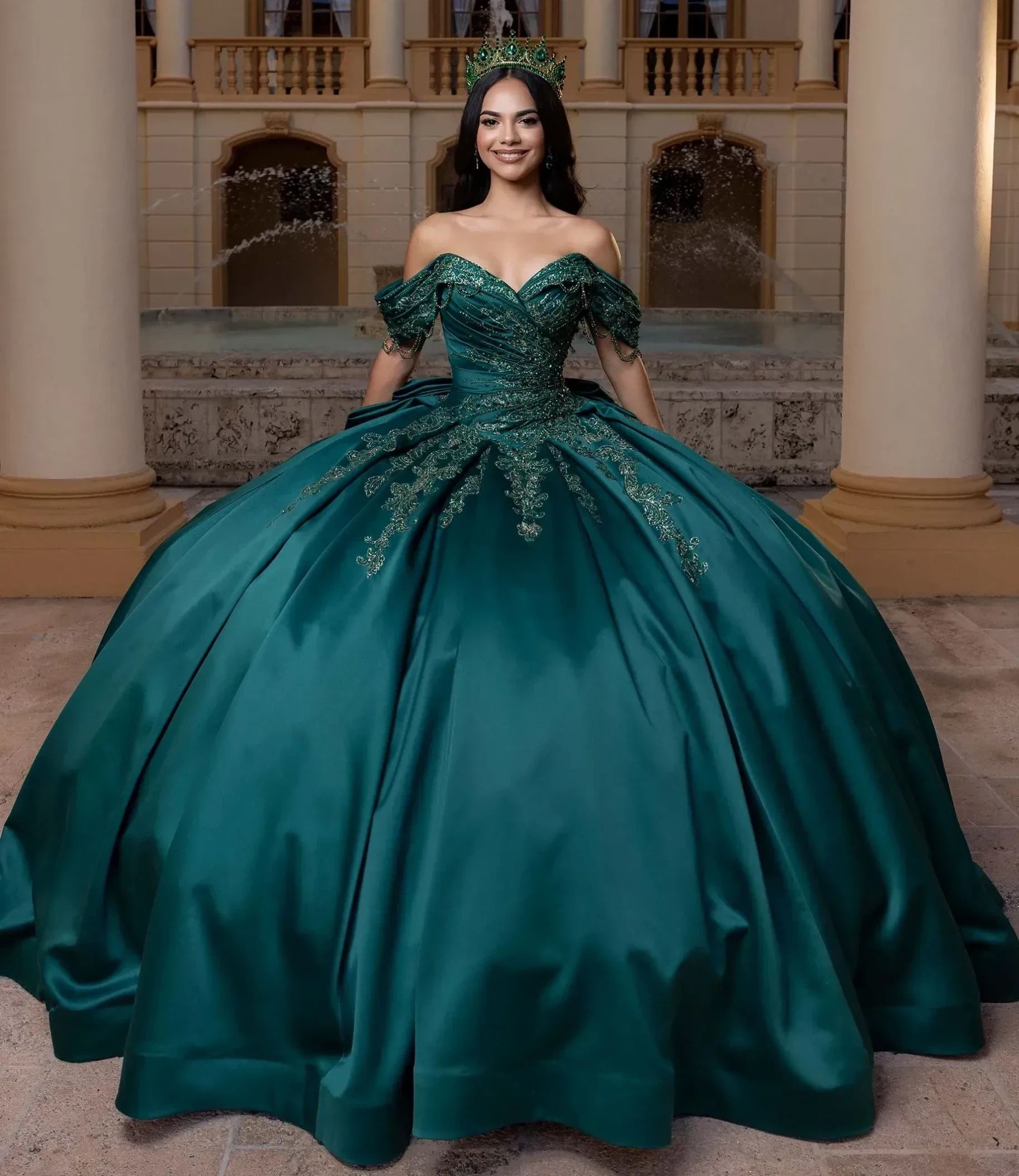 Model wearing a green dress