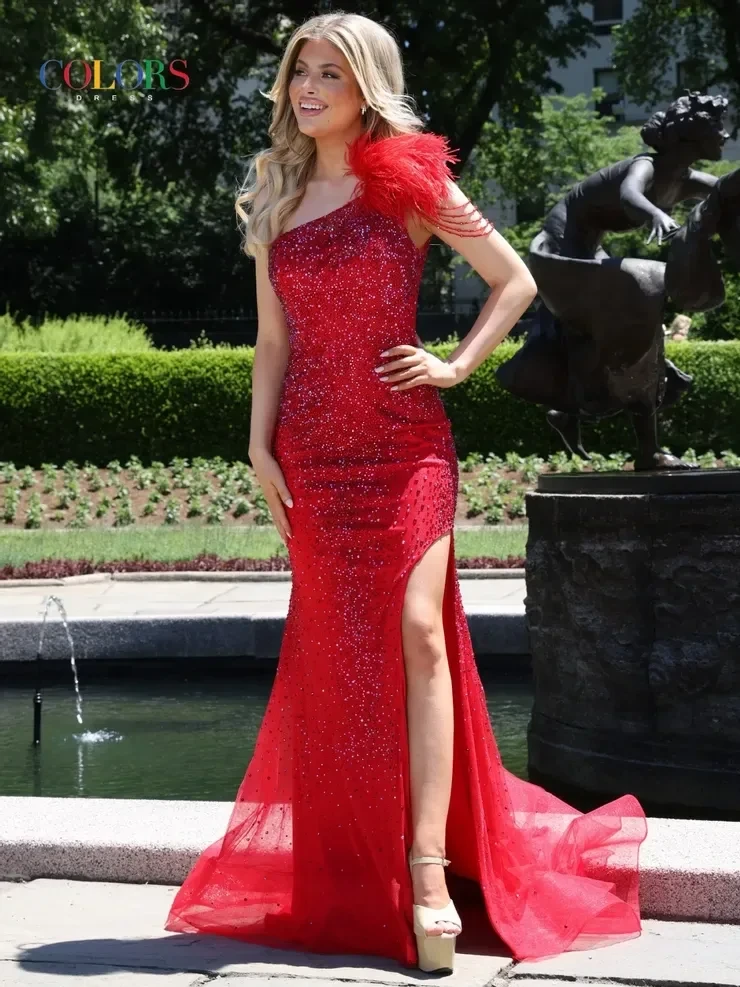 Model wearing a red prom dress