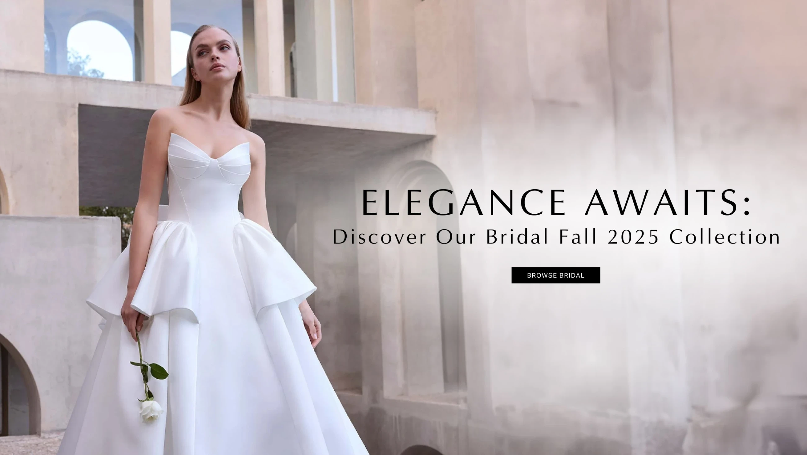 Model wearing Morilee 2900 bridal gown, desktop banner