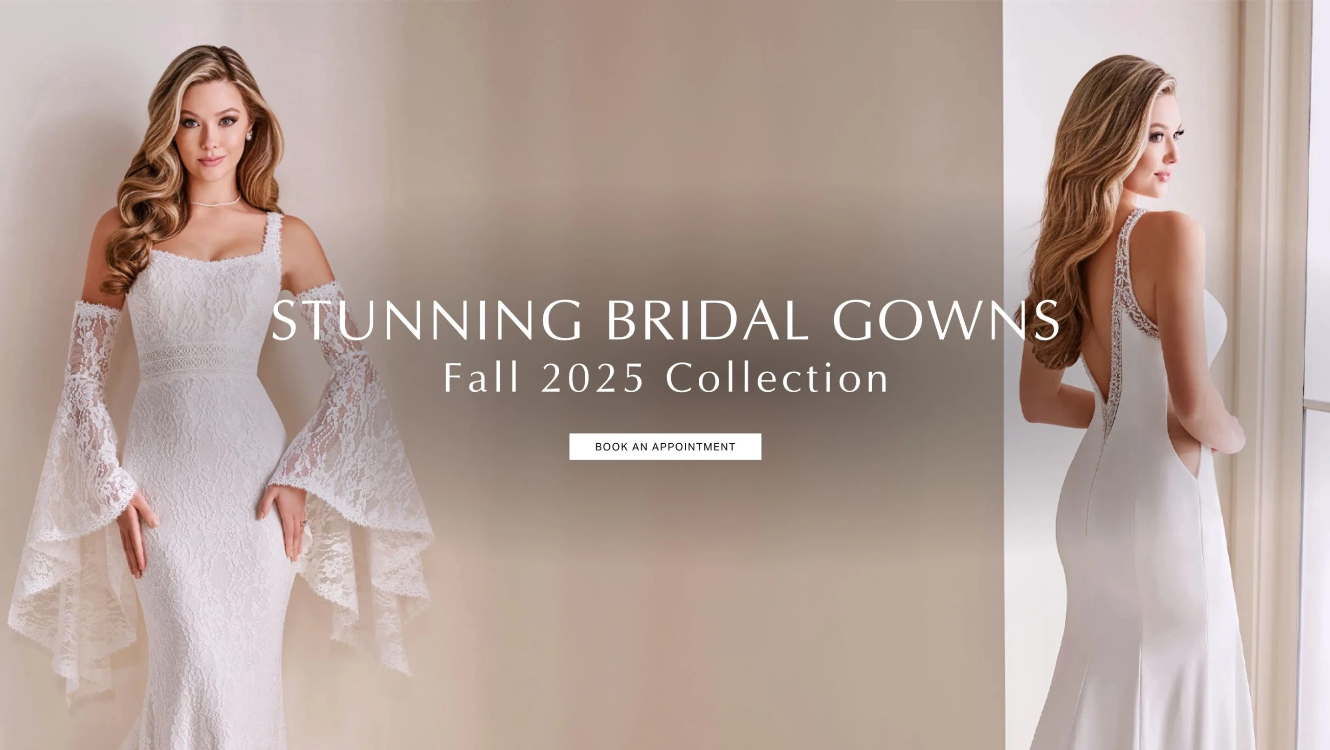 Models wearing Enchanting by Moncheri bridal gowns, desktop banner
