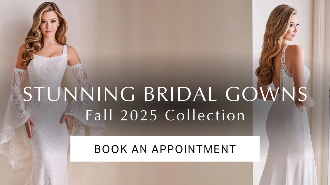 Models wearing Enchanting by Moncheri bridal gowns, mobile banner