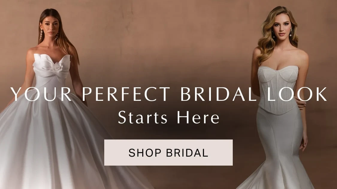 Models wearing Martin Thornburg MT8104MKD and Rachel Allan RB6175, bridal mobile banner