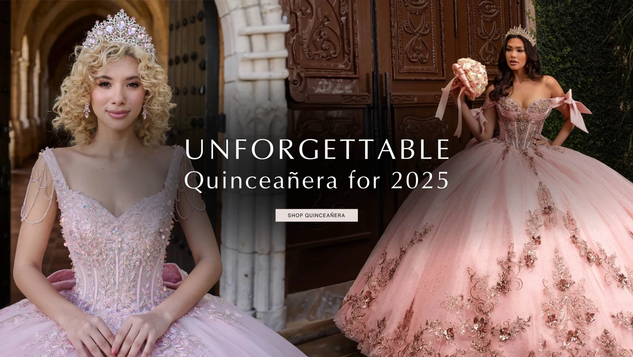 Models wearing House of Wu 26118 and Rachel Allan RQ3155 quince gowns, desktop banner