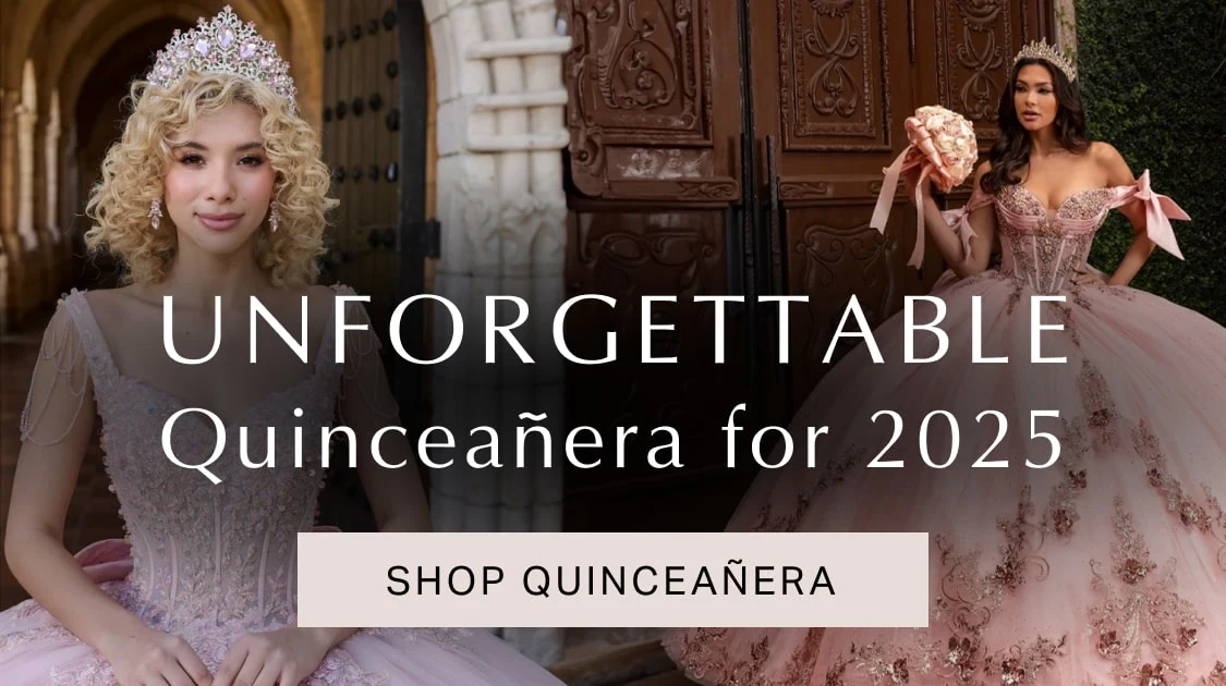 Models wearing House of Wu 26118 and Rachel Allan RQ3155 quince gowns, mobile banner