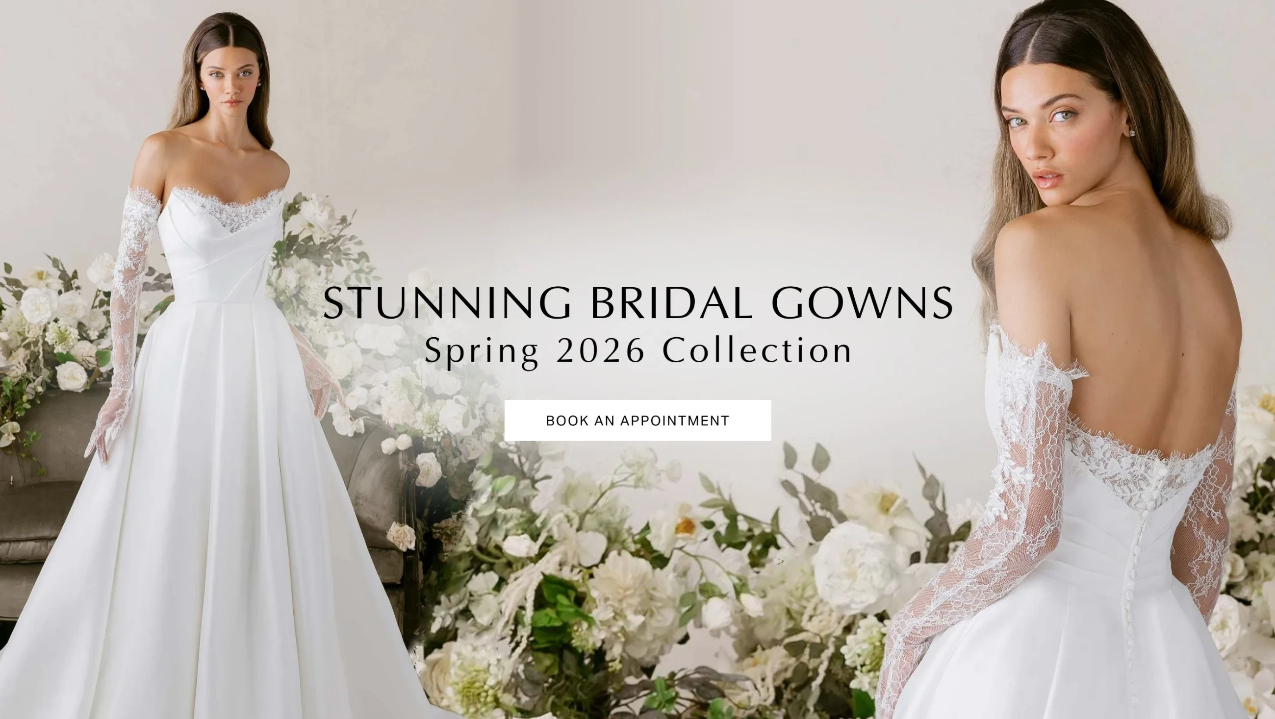 Model wearing Morilee bridal gown, Spring 2026 bridal desktop banner