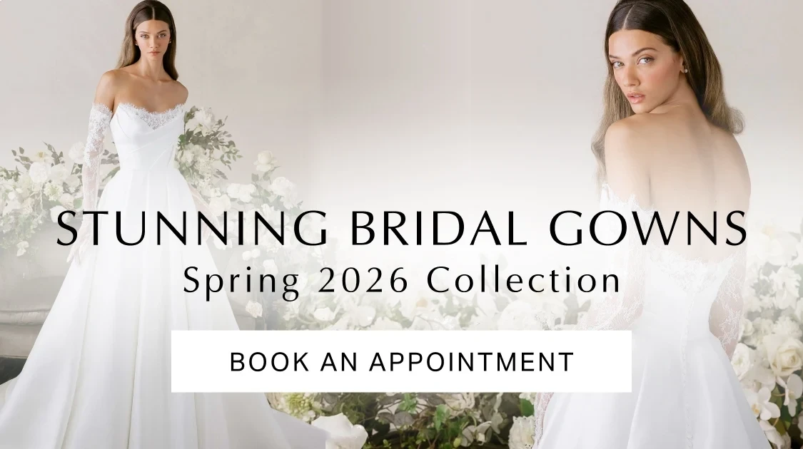 Model wearing Morilee bridal gown, Spring 2026 bridal mobile banner