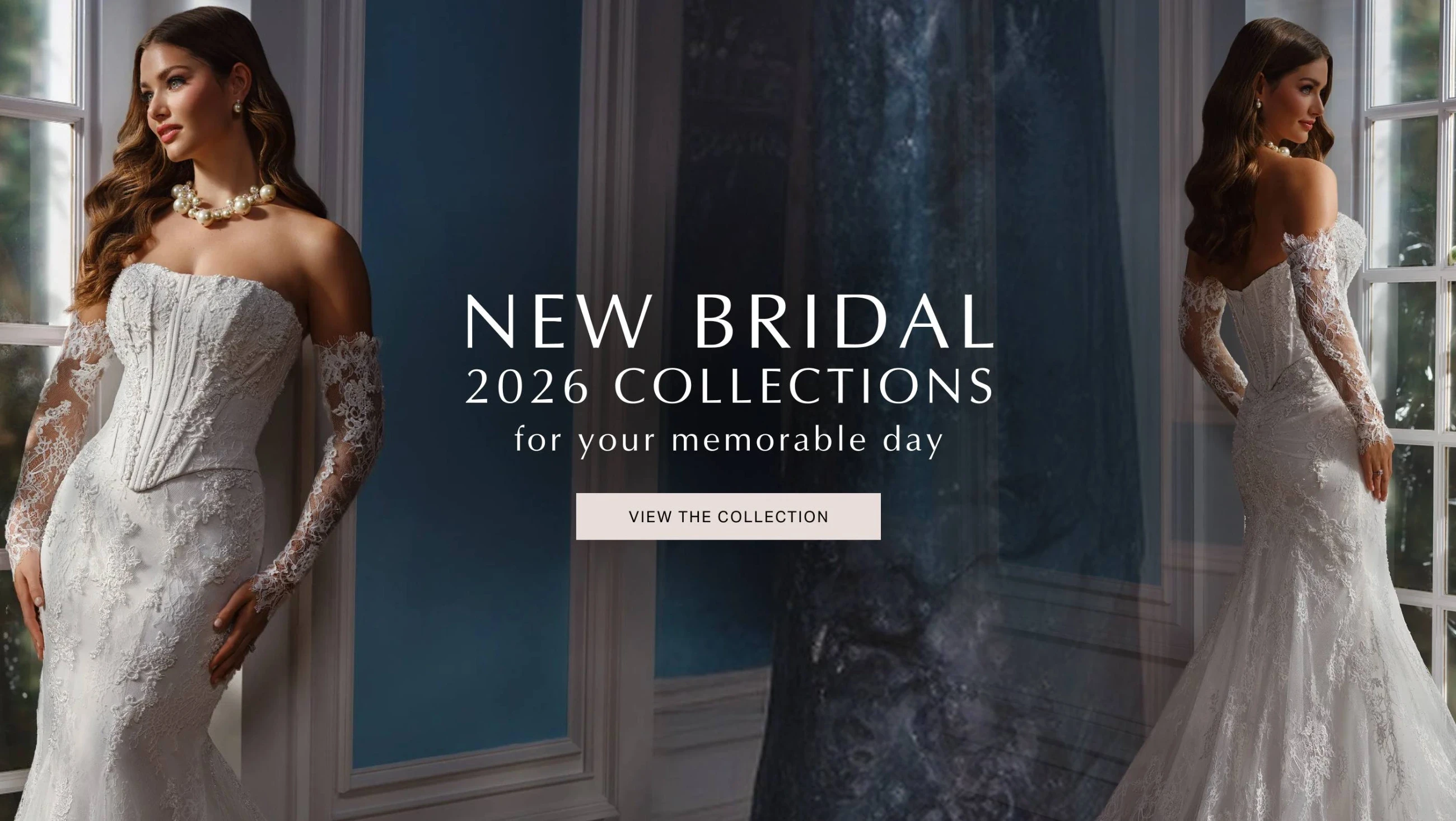 Model wearing Martin Thornburg bridal gown, desktop banner