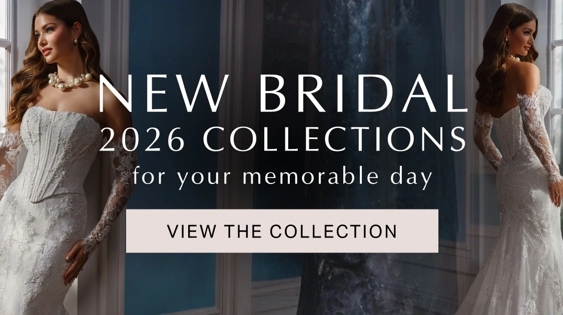 Model wearing Martin Thornburg bridal gown, mobile banner