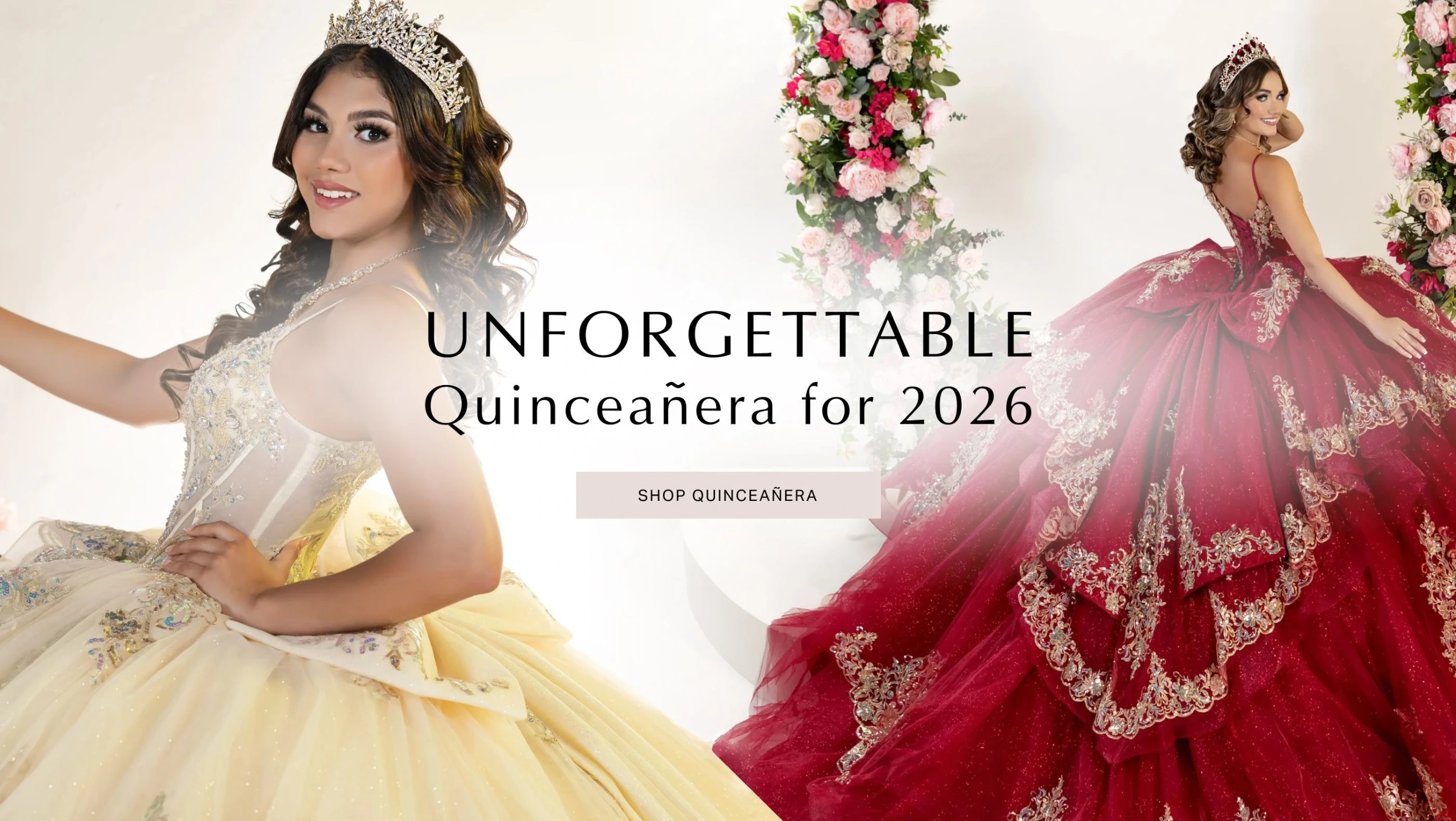Models wearing  House of Wu Quince gowns, desktop banner