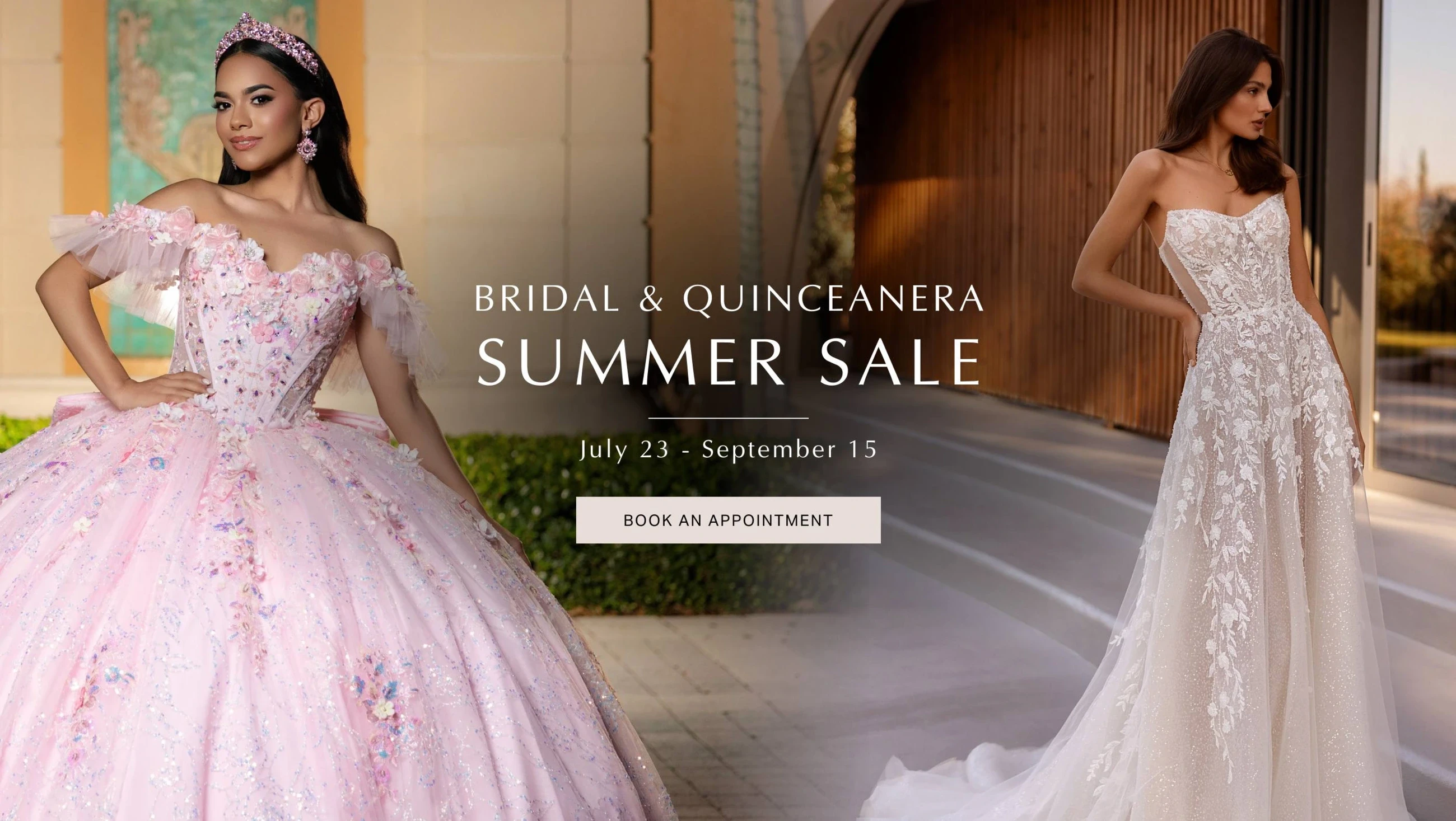 Models wearing quinceanera and bridal gowns, summer sale desktop banner