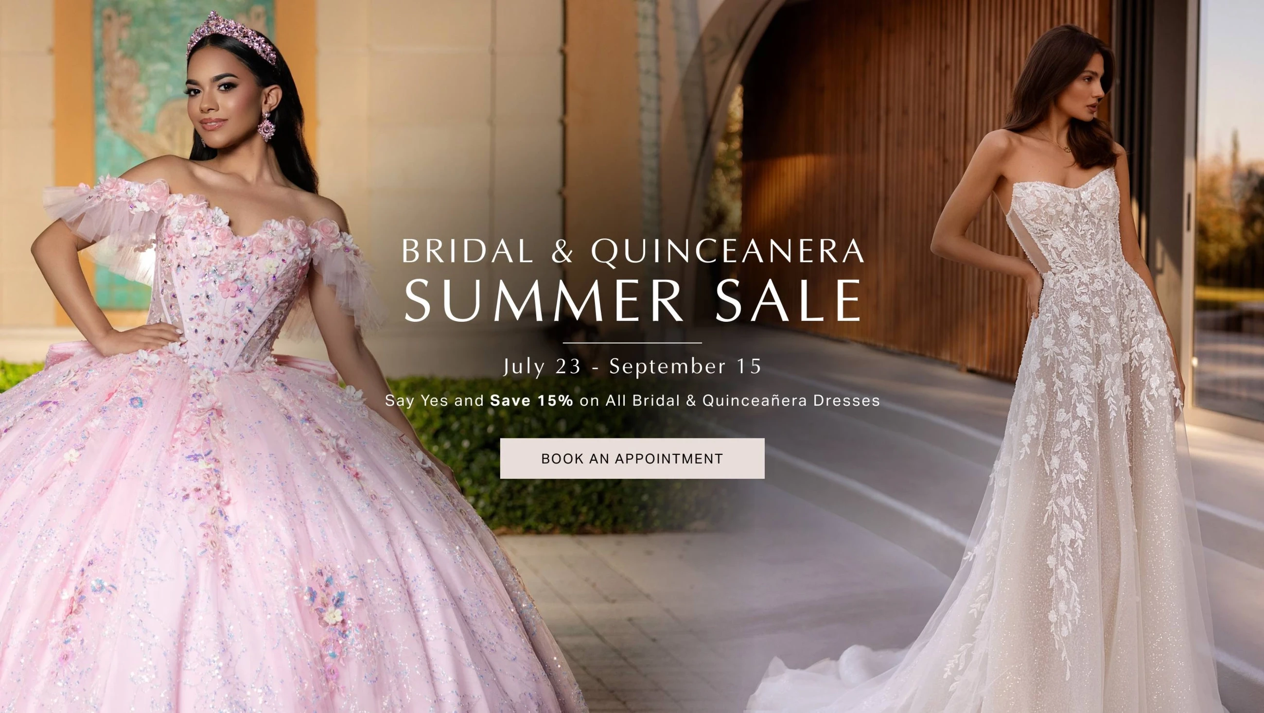 Models wearing quinceanera and bridal gowns, summer sale desktop banner