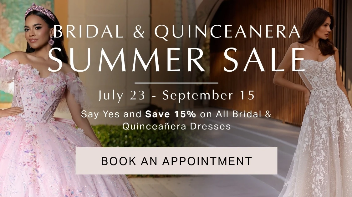 Models wearing quinceanera and bridal gowns, summer sale mobile banner