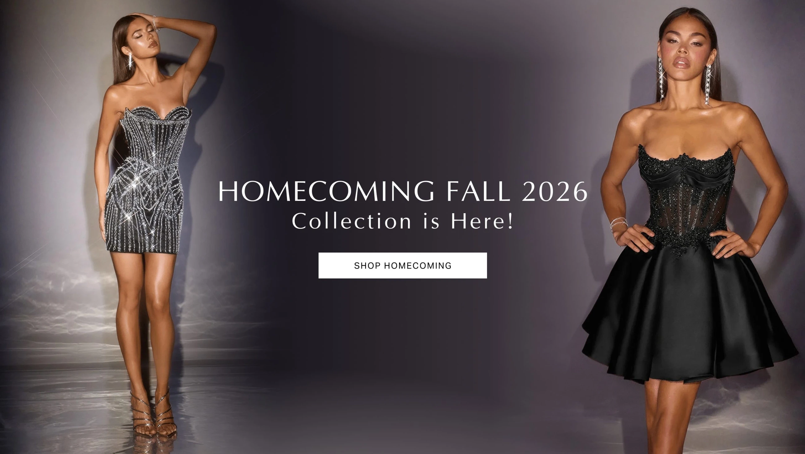 Models wearing Ladivine by Cinderella Divine After Dark collection homecoming dresses, desktop banner