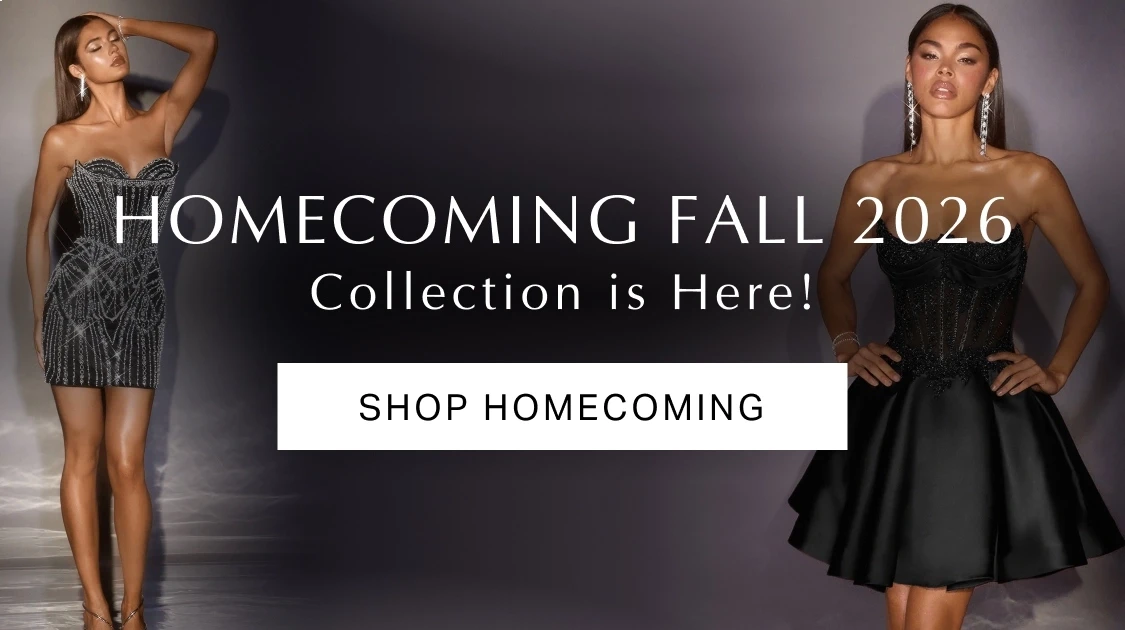Models wearing Ladivine by Cinderella Divine After Dark collection homecoming dresses, mobile banner
