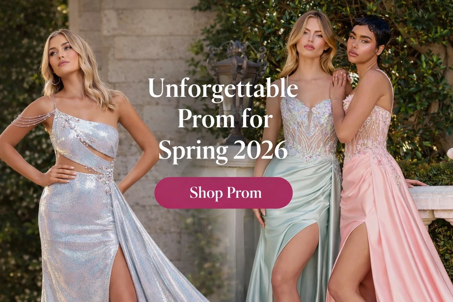 Models wearing Ladivine and Rachel Allan Prom dresses, Prom desktop banner